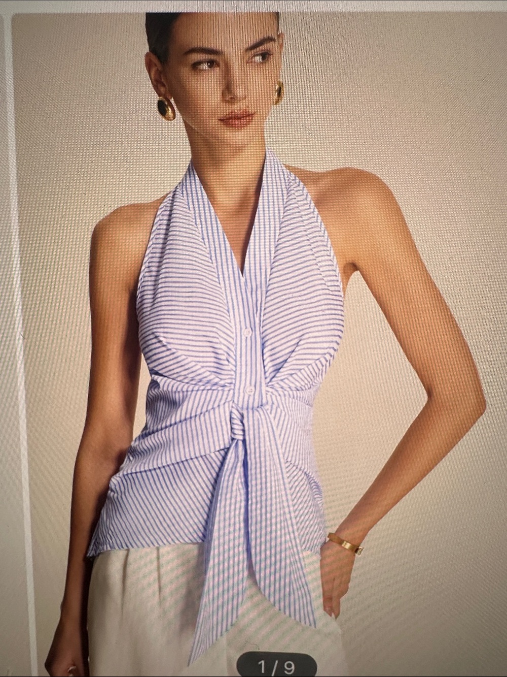 Commense Blue and White Striped Halter Tie-Front Top